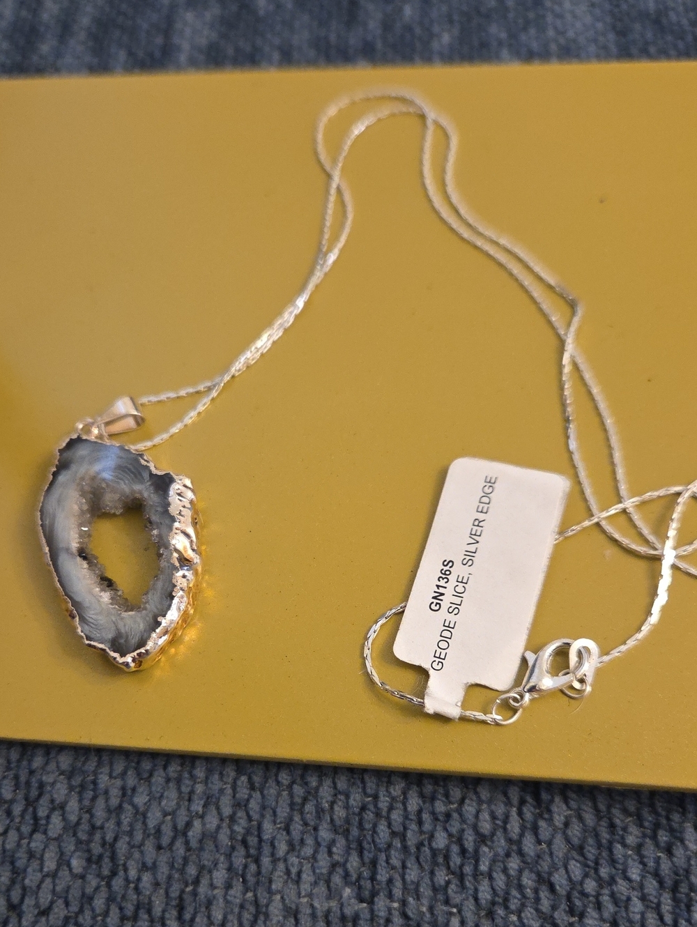 Silver-Edged Gray Agate Geode Pendant Necklace